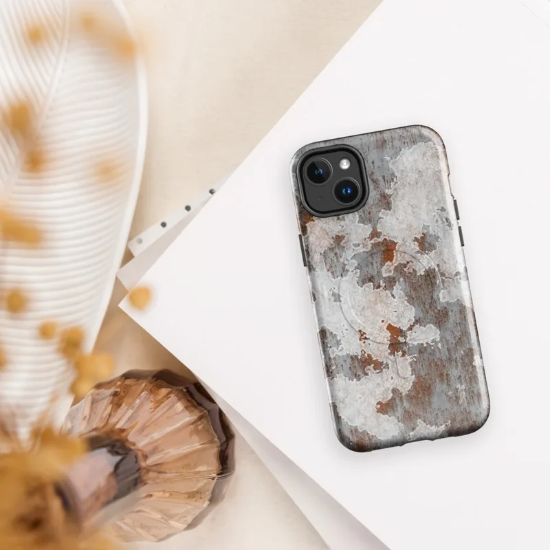 Glossy Rusted Iron Peeling Paint MagSafe Tough Case for iPhone — peeling white paint over rust-streaked aged metal surface