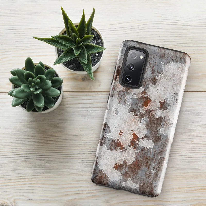 Glossy Rusted Iron Industrial Tough Case for Samsung — peeling white paint over heavily rusted steel with orange corrosion