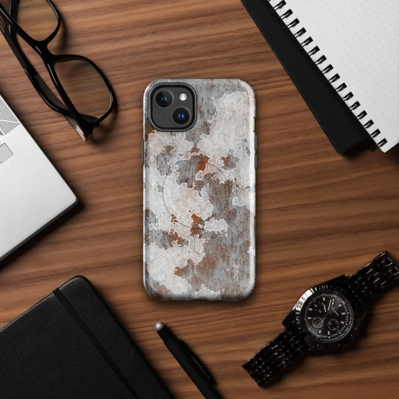 Glossy Rusted Iron Peeling Paint MagSafe Tough Case for iPhone — peeling white paint over rust-streaked aged metal surface