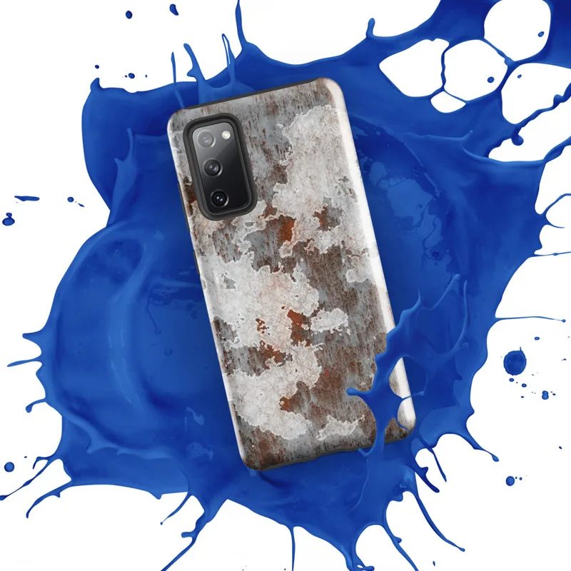 Glossy Rusted Iron Industrial Tough Case for Samsung — peeling white paint over heavily rusted steel with orange corrosion