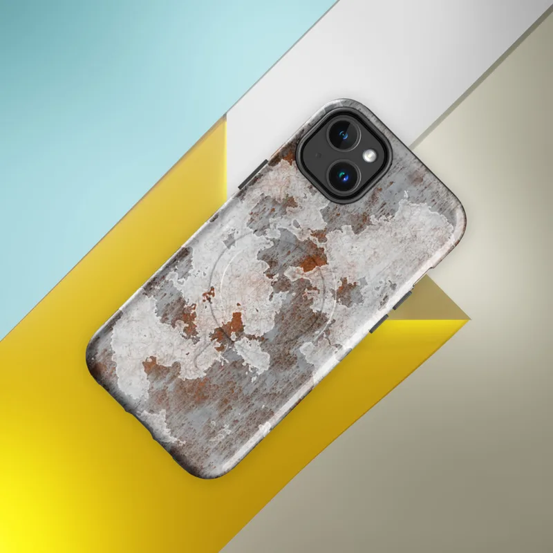 Glossy Rusted Iron Peeling Paint MagSafe Tough Case for iPhone — peeling white paint over rust-streaked aged metal surface