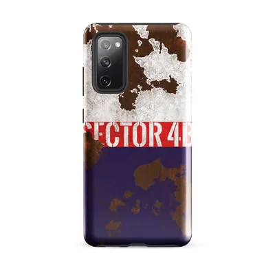 weathered tricolor metal surface with peeling white paint, bold red stripe, deep navy, and stenciled SECTOR 4B lettering over rusted brown texture on Glossy Sector 4B Rusted Rebellion Tough Case for Samsung - default - Front view