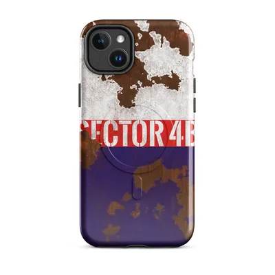 peeling white paint over rusted metal surface with a bold red stripe bearing white stenciled text and a deep navy lower panel on Glossy Sector 4B Rust and Steel MagSafe Tough Case for iPhone - default - Front view
