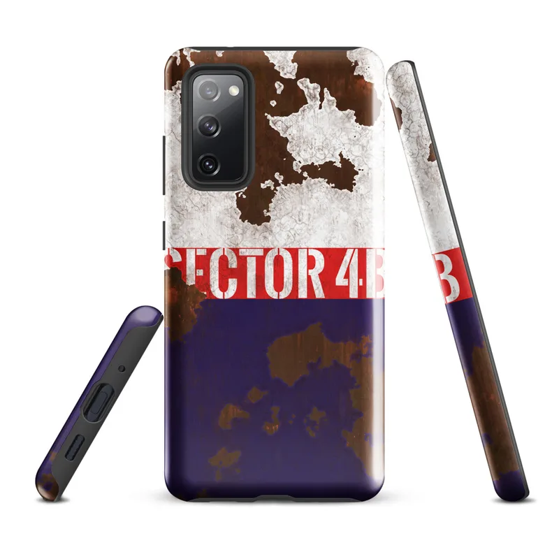 Glossy Sector 4B Rusted Rebellion Tough Case for Samsung — weathered tricolor metal surface with peeling white paint, bold