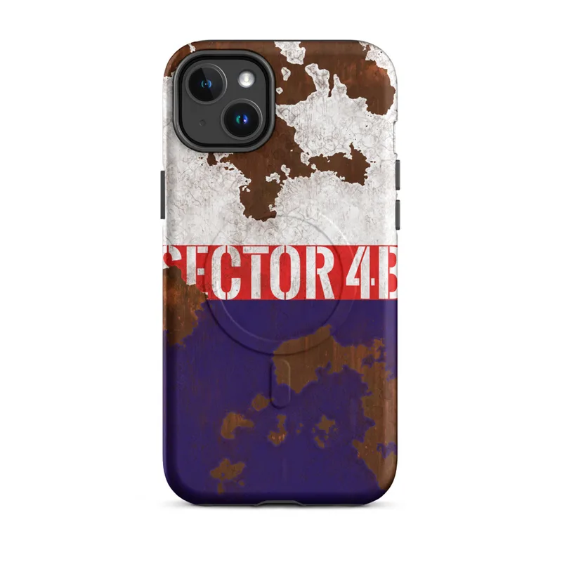 Matte Sector 4B Rust and Steel MagSafe Tough Case for iPhone — peeling white paint over rusted metal surface with a bold red
