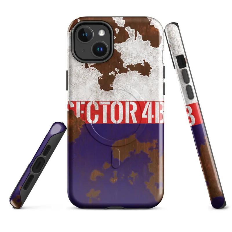 Glossy Sector 4B Rust and Steel MagSafe Tough Case for iPhone — peeling white paint over rusted metal surface with a bold