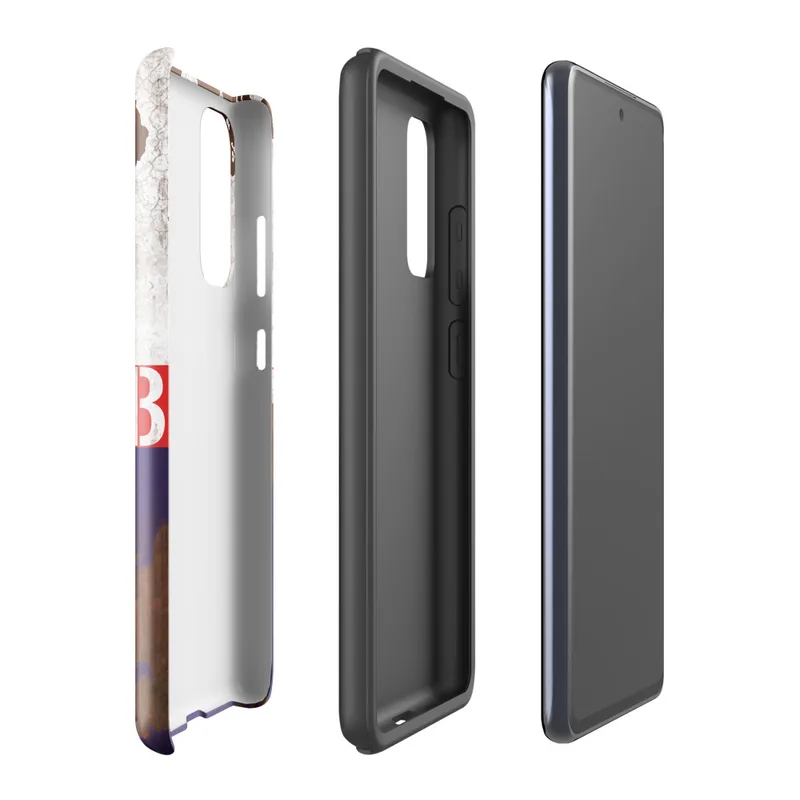 Glossy Sector 4B Rusted Rebellion Tough Case for Samsung — weathered tricolor metal surface with peeling white paint, bold