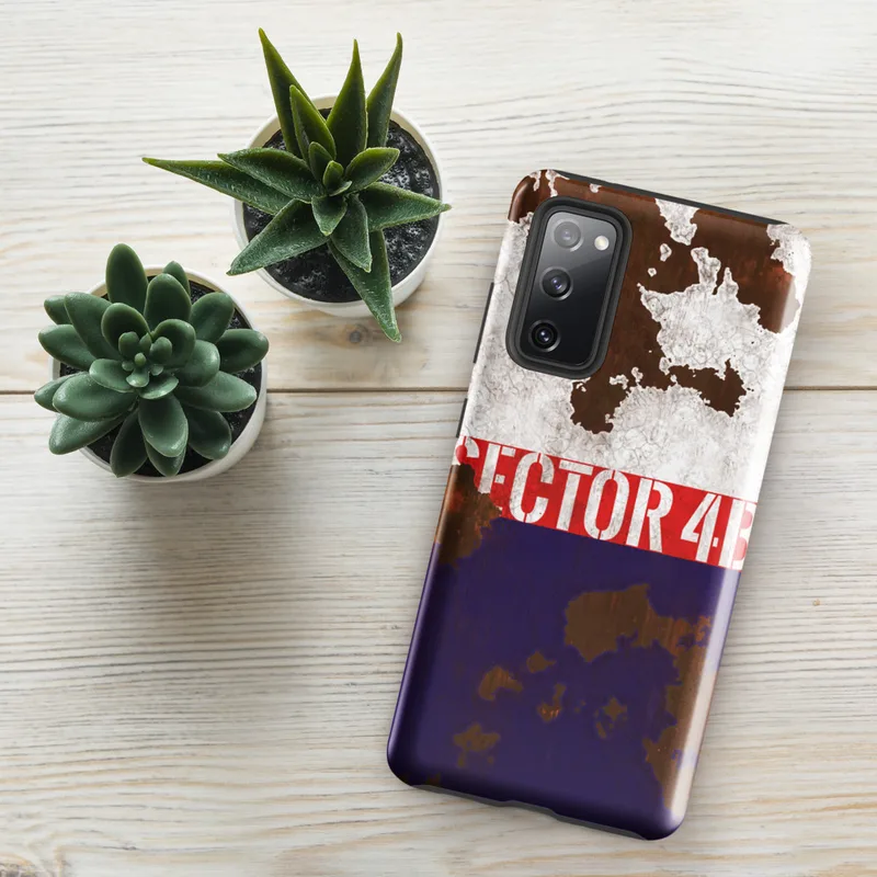 Glossy Sector 4B Rusted Rebellion Tough Case for Samsung — weathered tricolor metal surface with peeling white paint, bold