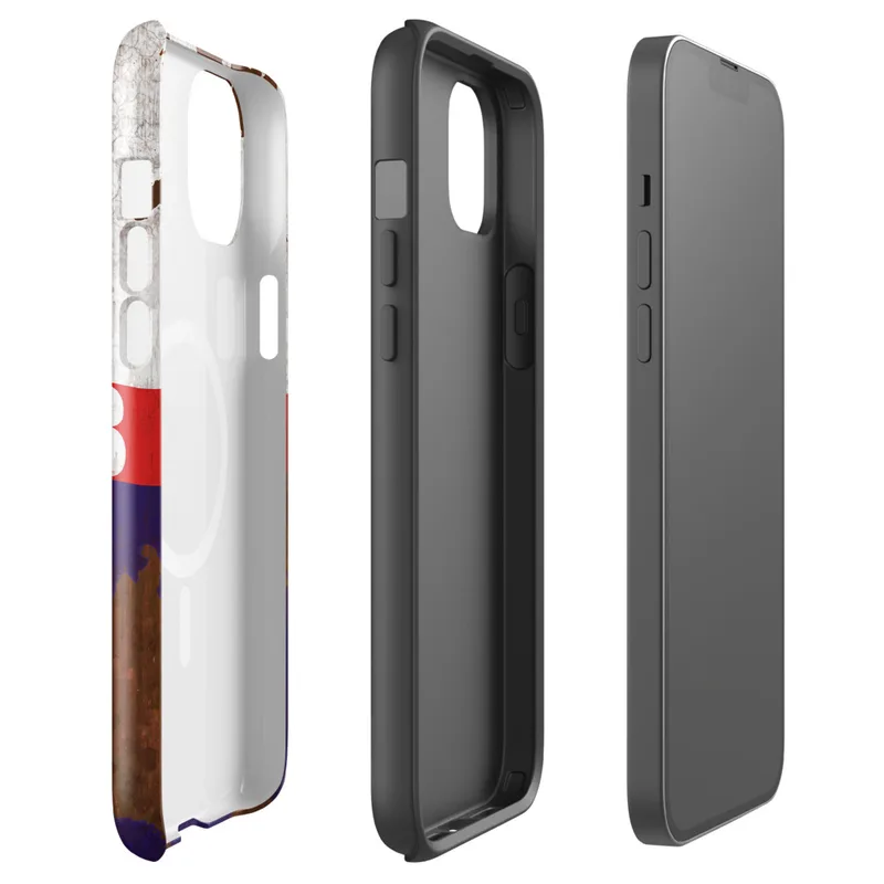 Glossy Sector 4B Rust and Steel MagSafe Tough Case for iPhone — peeling white paint over rusted metal surface with a bold