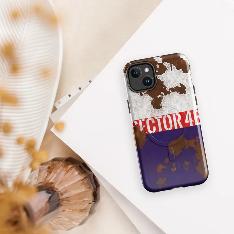 Glossy Sector 4B Rust and Steel MagSafe Tough Case for iPhone — peeling white paint over rusted metal surface with a bold