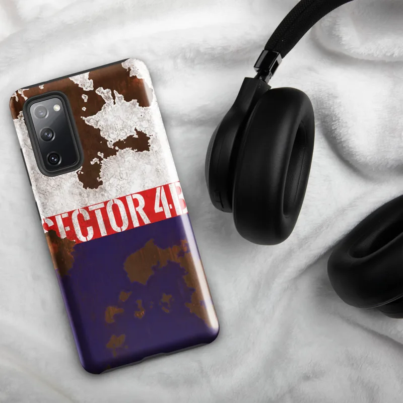 Glossy Sector 4B Rusted Rebellion Tough Case for Samsung — weathered tricolor metal surface with peeling white paint, bold