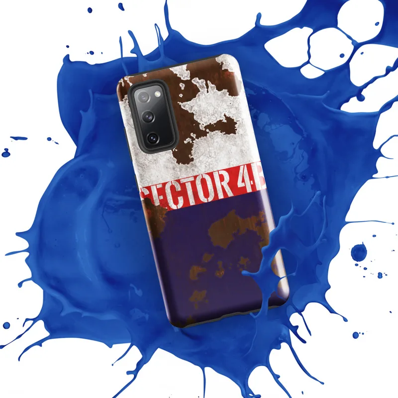 Glossy Sector 4B Rusted Rebellion Tough Case for Samsung — weathered tricolor metal surface with peeling white paint, bold