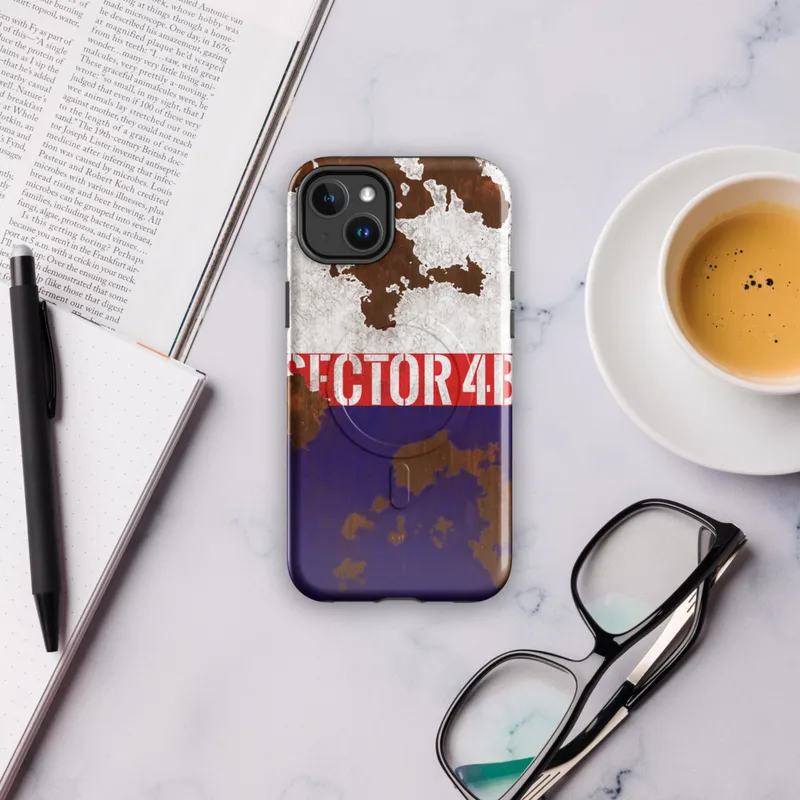 Glossy Sector 4B Rust and Steel MagSafe Tough Case for iPhone — peeling white paint over rusted metal surface with a bold