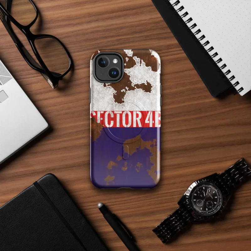 Glossy Sector 4B Rust and Steel MagSafe Tough Case for iPhone — peeling white paint over rusted metal surface with a bold