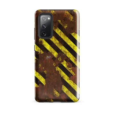 rusted red metal surface covered in chipped and peeling yellow and black diagonal hazard warning stripes with aged grime texture on Glossy Hazard Zone Rusted Steel Tough Case for Samsung - default - Front view