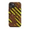 Matte Hazard Zone Rusted Steel MagSafe Tough Case for iPhone — diagonal yellow and black hazard stripes over a heavily