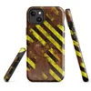 Glossy Hazard Zone Rusted Steel MagSafe Tough Case for iPhone — diagonal yellow and black hazard stripes over a heavily