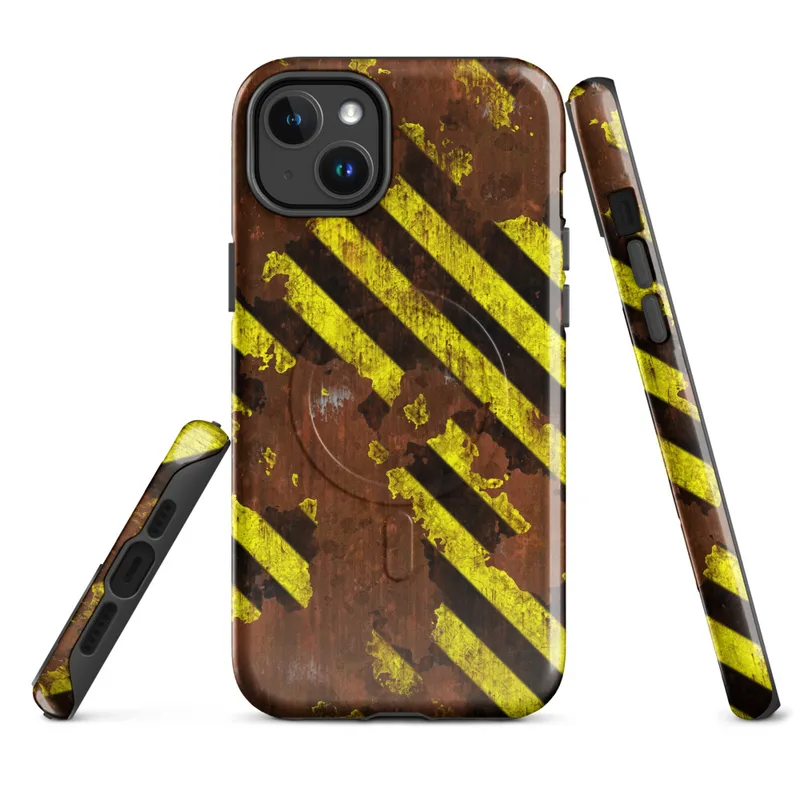 Glossy Hazard Zone Rusted Steel MagSafe Tough Case for iPhone — diagonal yellow and black hazard stripes over a heavily