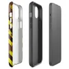 Glossy Hazard Zone Rusted Steel MagSafe Tough Case for iPhone — diagonal yellow and black hazard stripes over a heavily