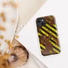 Glossy Hazard Zone Rusted Steel MagSafe Tough Case for iPhone — diagonal yellow and black hazard stripes over a heavily