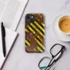 Glossy Hazard Zone Rusted Steel MagSafe Tough Case for iPhone — diagonal yellow and black hazard stripes over a heavily