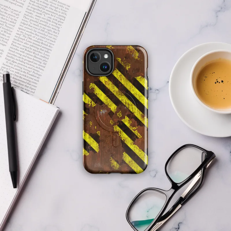 Glossy Hazard Zone Rusted Steel MagSafe Tough Case for iPhone — diagonal yellow and black hazard stripes over a heavily