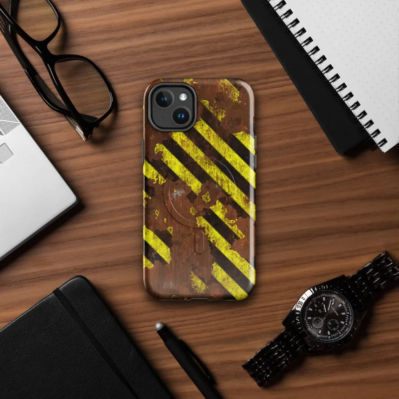 Glossy Hazard Zone Rusted Steel MagSafe Tough Case for iPhone — diagonal yellow and black hazard stripes over a heavily