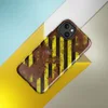 Glossy Hazard Zone Rusted Steel MagSafe Tough Case for iPhone — diagonal yellow and black hazard stripes over a heavily