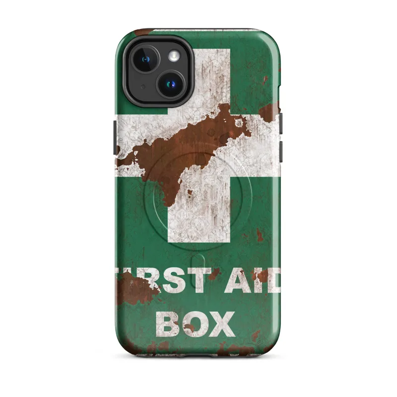 Glossy Rusted First Aid MagSafe Tough Case for iPhone — weathered first aid box sign with white cross on cracked green paint