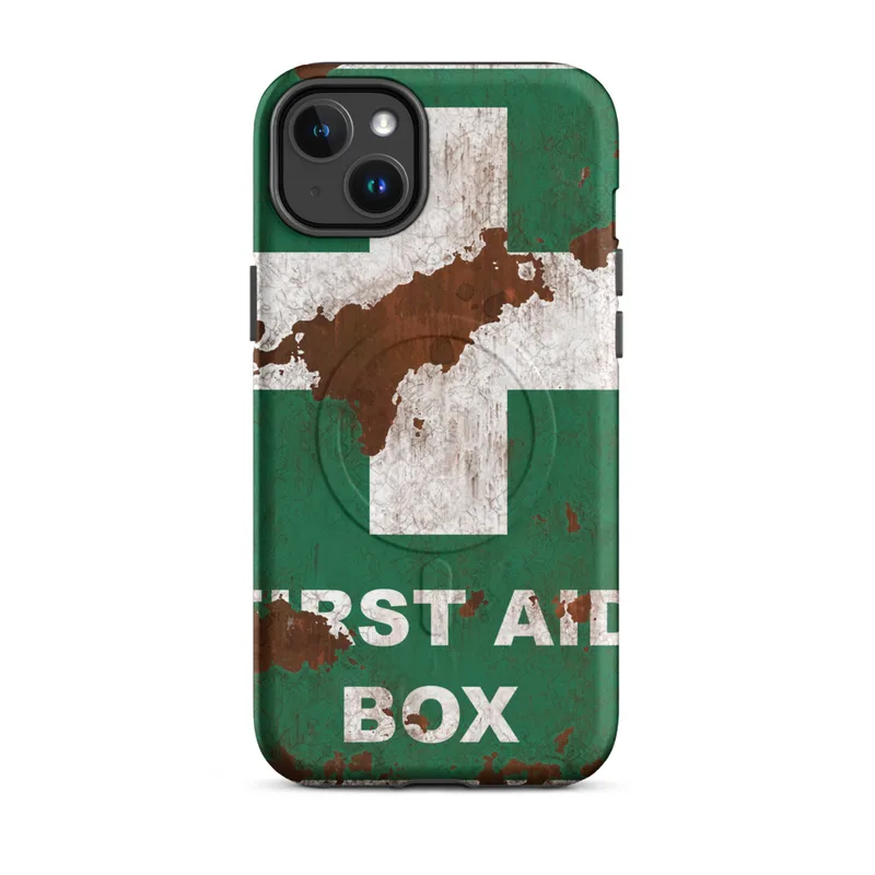 Matte Rusted First Aid MagSafe Tough Case for iPhone — weathered first aid box sign with white cross on cracked green paint