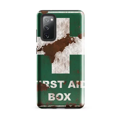 weathered teal green first aid box sign with white cross over chipped paint and rust-stained metal surface on Glossy Rusted First Aid Tough Case for Samsung - default - Front view