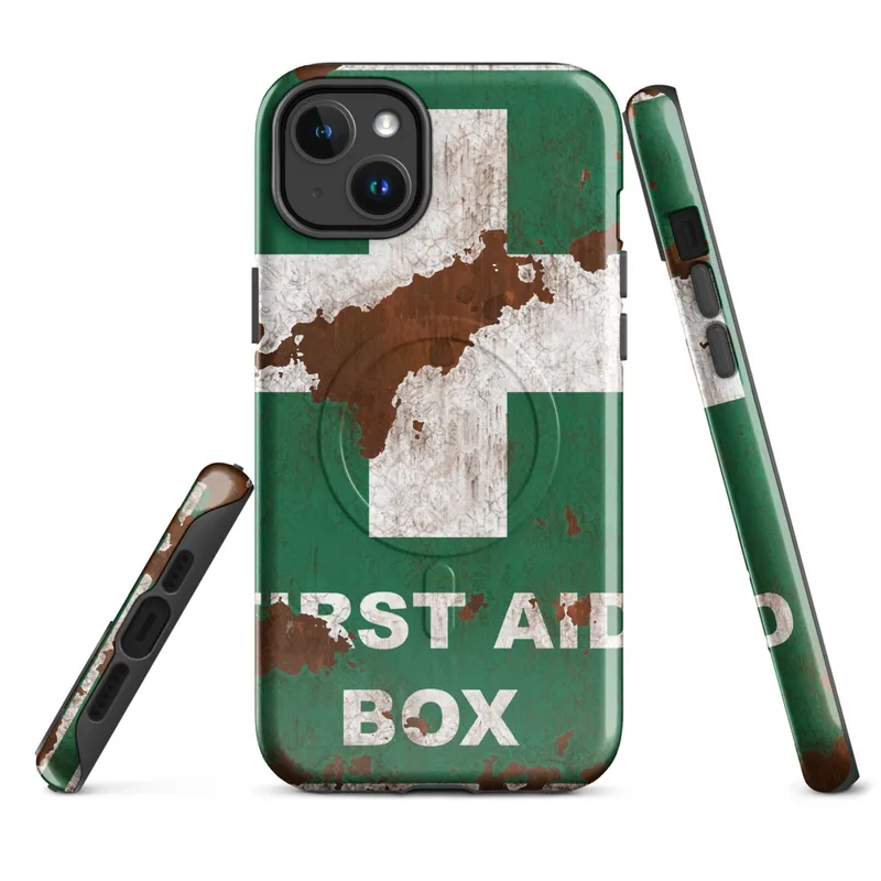 Glossy Rusted First Aid MagSafe Tough Case for iPhone — weathered first aid box sign with white cross on cracked green paint