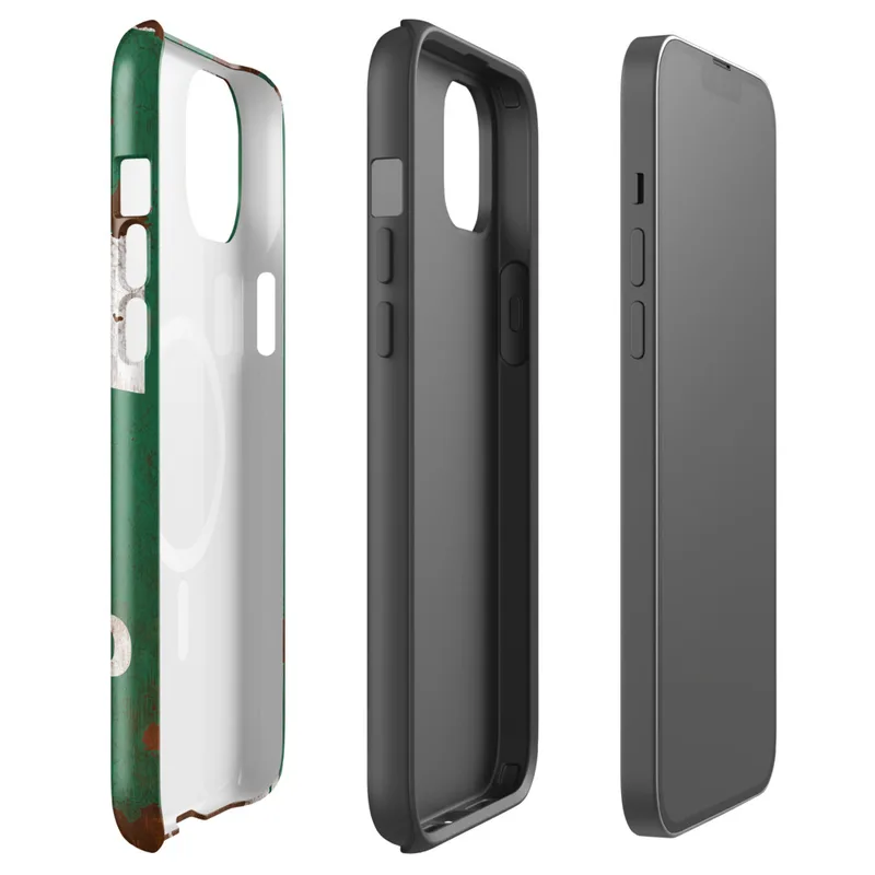 Glossy Rusted First Aid MagSafe Tough Case for iPhone — weathered first aid box sign with white cross on cracked green paint