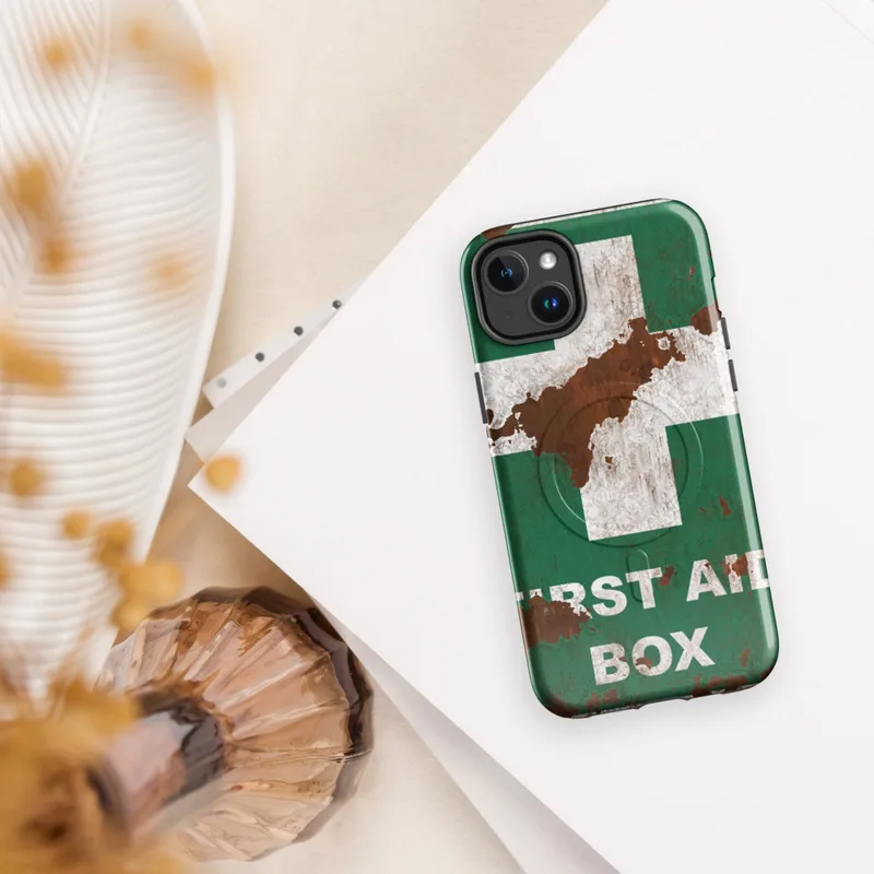 Glossy Rusted First Aid MagSafe Tough Case for iPhone — weathered first aid box sign with white cross on cracked green paint