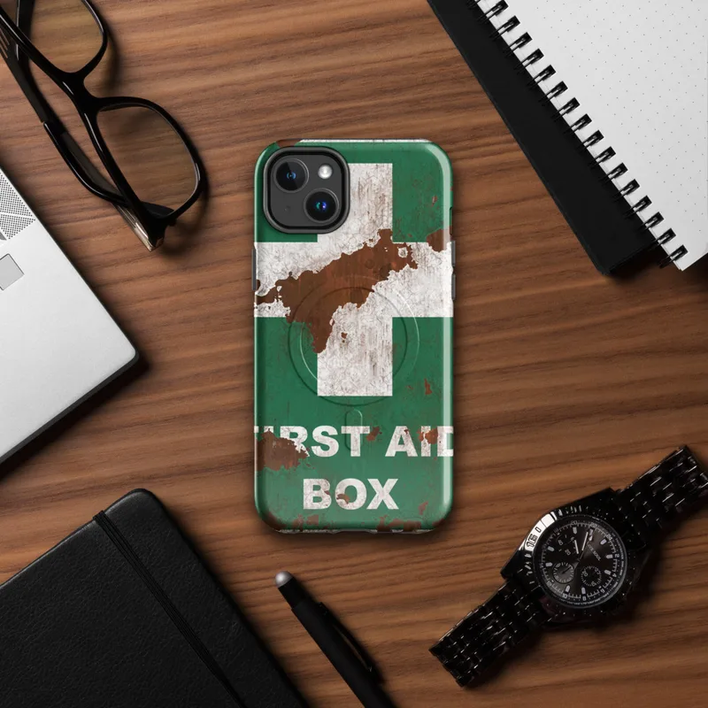 Glossy Rusted First Aid MagSafe Tough Case for iPhone — weathered first aid box sign with white cross on cracked green paint
