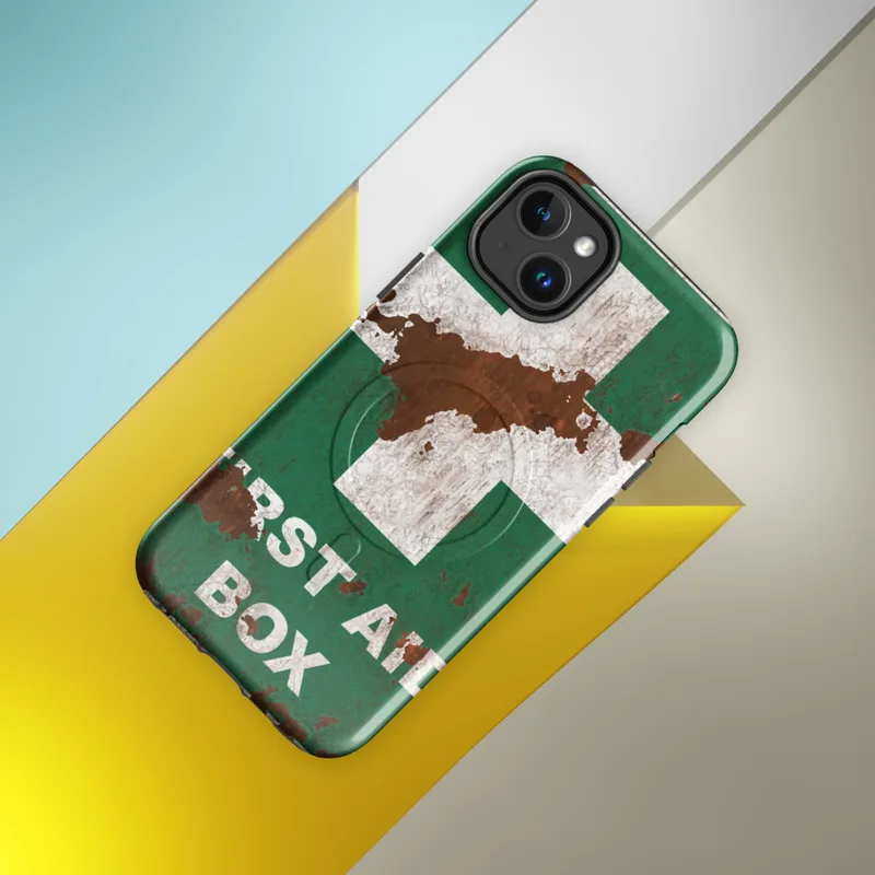 Glossy Rusted First Aid MagSafe Tough Case for iPhone — weathered first aid box sign with white cross on cracked green paint