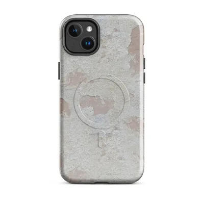 peeling white paint over aged plaster wall with soft rose undertones and subtle blue-grey patches in muted, neutral tones on Glossy Ancient Plaster Wall MagSafe Tough Case for iPhone - default - Front view