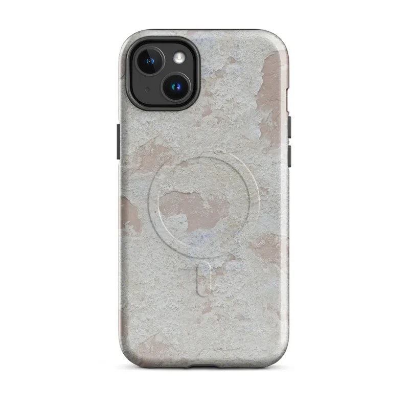 Glossy Ancient Plaster Wall MagSafe Tough Case for iPhone — peeling white paint over aged plaster wall with soft rose