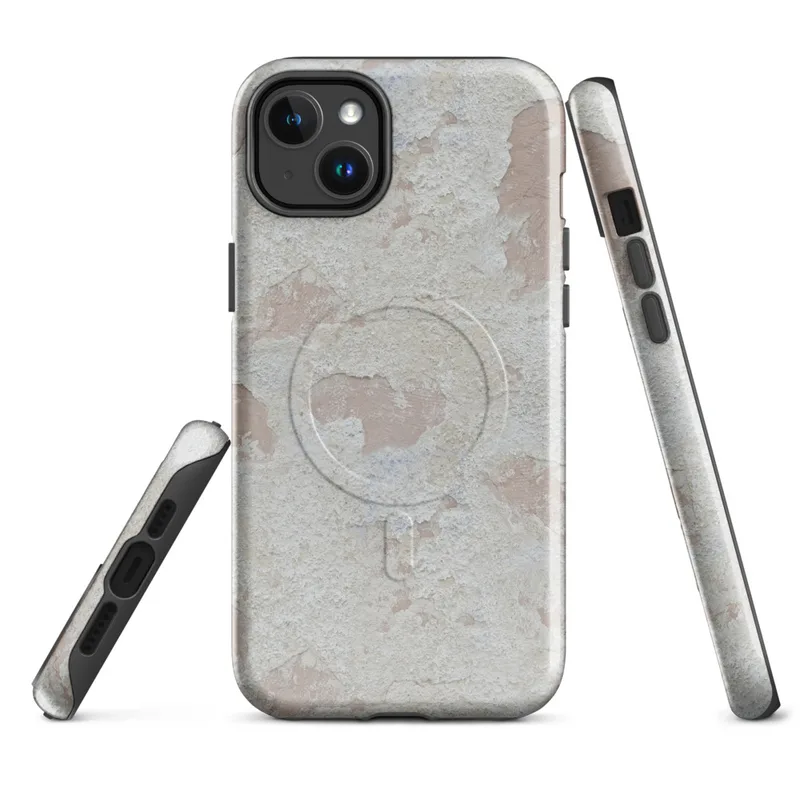 Glossy Ancient Plaster Wall MagSafe Tough Case for iPhone — peeling white paint over aged plaster wall with soft rose
