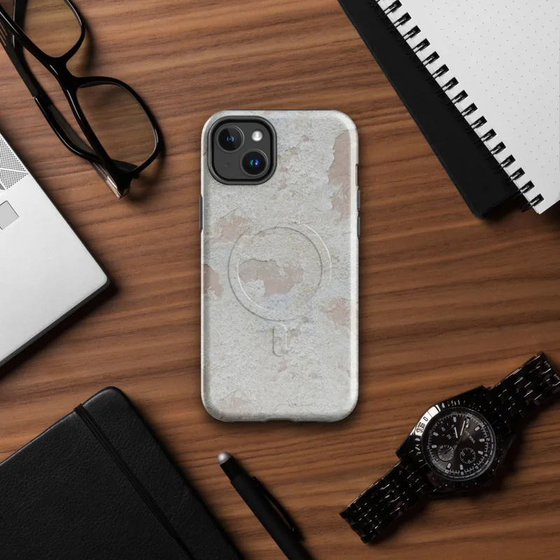 Glossy Ancient Plaster Wall MagSafe Tough Case for iPhone — peeling white paint over aged plaster wall with soft rose