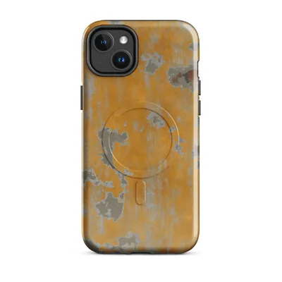 peeling amber and orange paint revealing gray plaster and brick beneath in an organic weathered wall texture pattern on Glossy Urban Decay Weathered Wall MagSafe Tough Case for iPhone - default - Front view