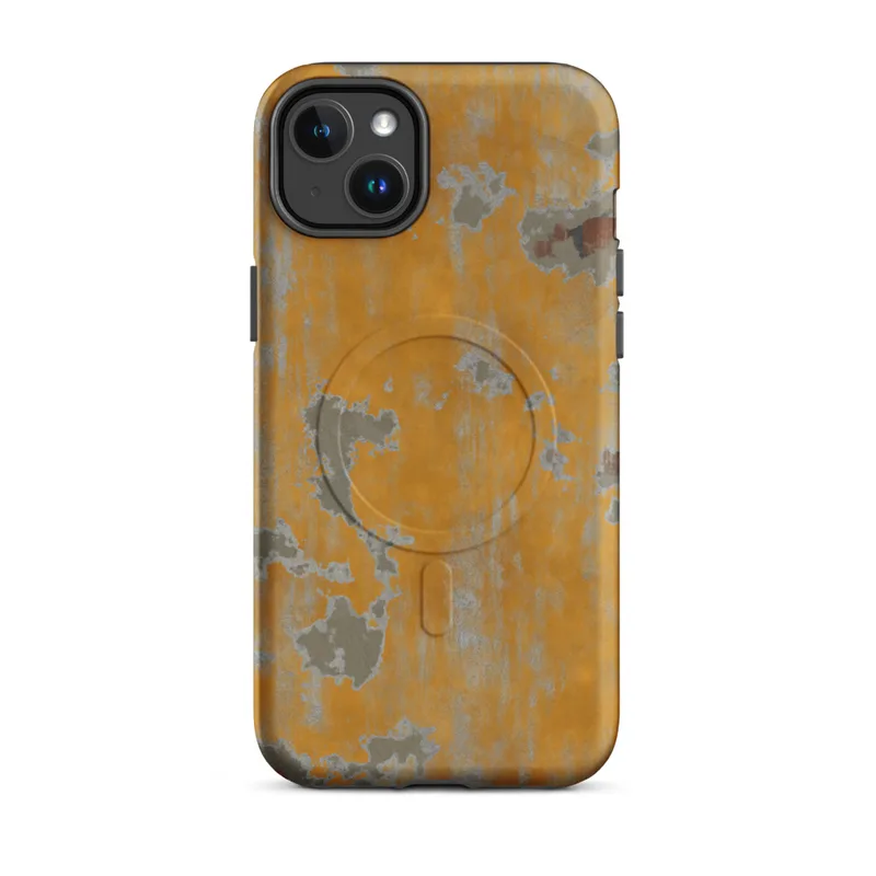 Matte Urban Decay Weathered Wall MagSafe Tough Case for iPhone — peeling amber and orange paint revealing gray plaster