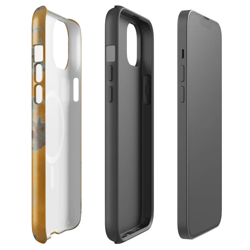 Glossy Urban Decay Weathered Wall MagSafe Tough Case for iPhone — peeling amber and orange paint revealing gray plaster