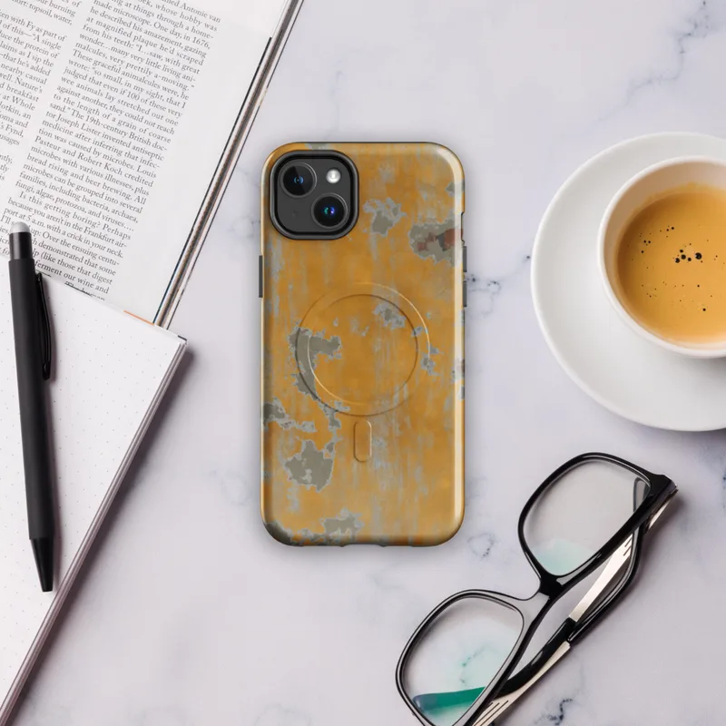 Glossy Urban Decay Weathered Wall MagSafe Tough Case for iPhone — peeling amber and orange paint revealing gray plaster