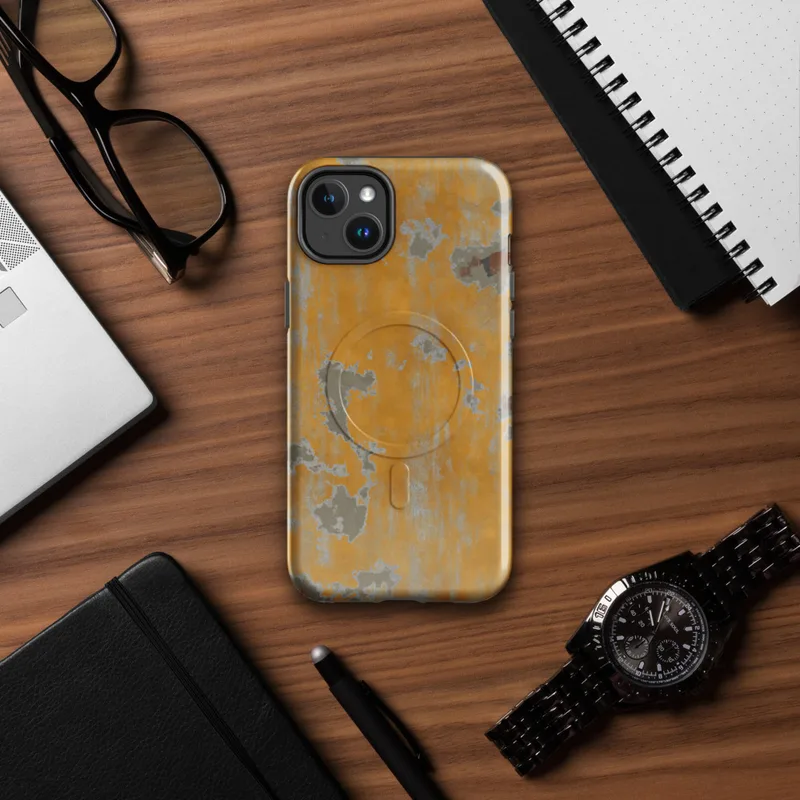 Glossy Urban Decay Weathered Wall MagSafe Tough Case for iPhone — peeling amber and orange paint revealing gray plaster