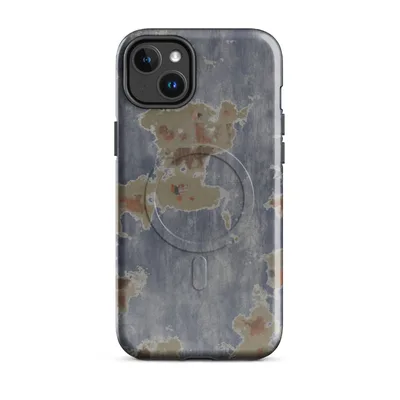 peeling slate blue paint revealing sandy primer and rust-orange patches beneath, with ragged organic edges and a weathered, layered texture on Glossy Urban Decay Peeling Paint MagSafe Tough Case for iPhone - default - Front view