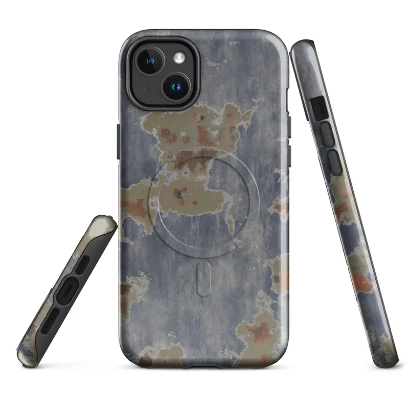 Glossy Urban Decay Peeling Paint MagSafe Tough Case for iPhone — peeling slate blue paint revealing sandy primer