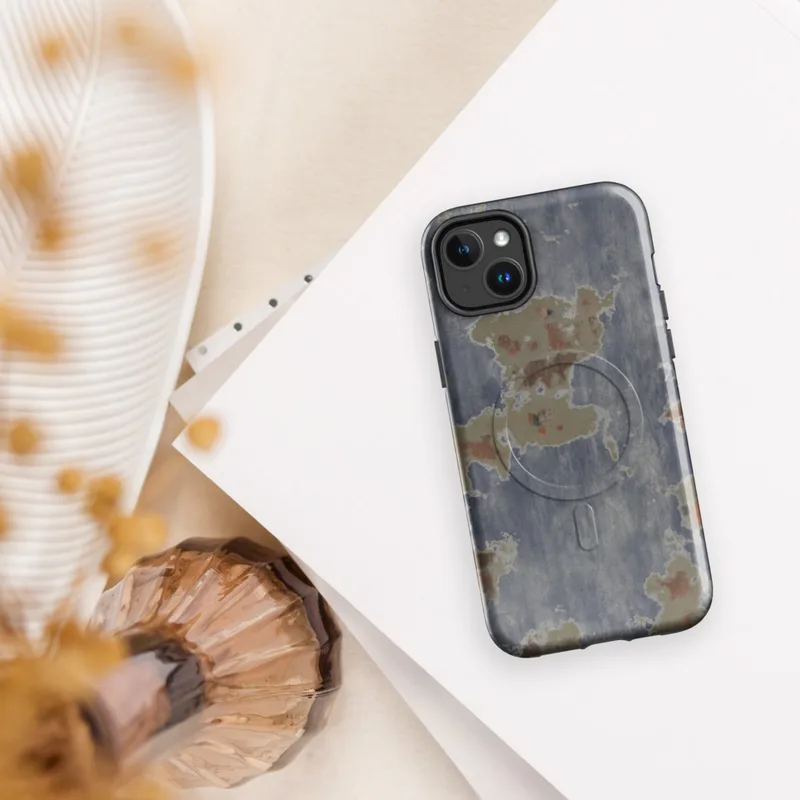Glossy Urban Decay Peeling Paint MagSafe Tough Case for iPhone — peeling slate blue paint revealing sandy primer
