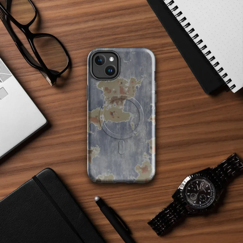 Glossy Urban Decay Peeling Paint MagSafe Tough Case for iPhone — peeling slate blue paint revealing sandy primer