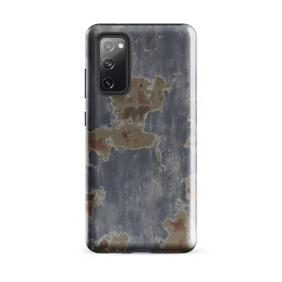 peeling steel-blue paint revealing sandy plaster and rust-red brick beneath in an organic, weathered pattern on Glossy Urban Decay Peeling Paint Tough Case for Samsung - default - Front view
